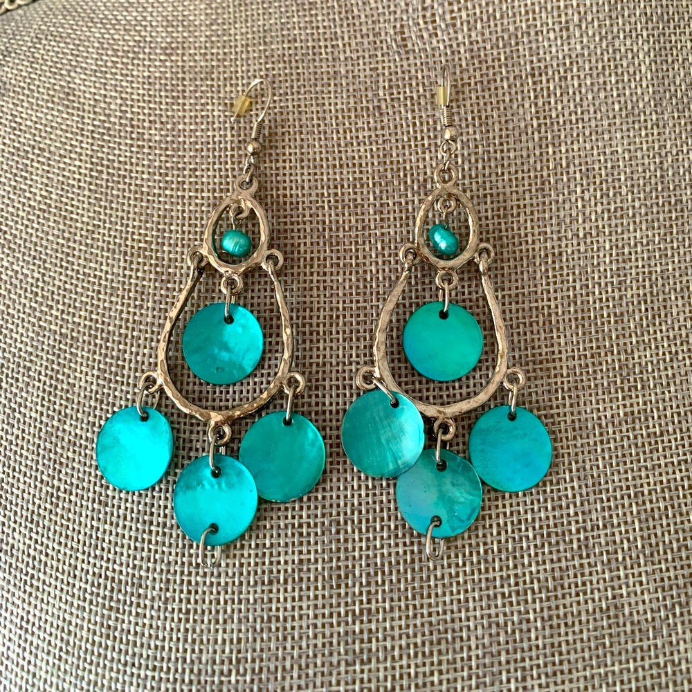 Turquoise shell and silver tone chandelier earrings